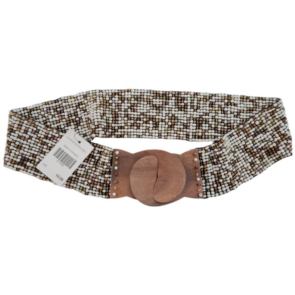 Boho Southwestern Beaded Stretch Belt Black Brown Wooden Interlocking Buckle NWT